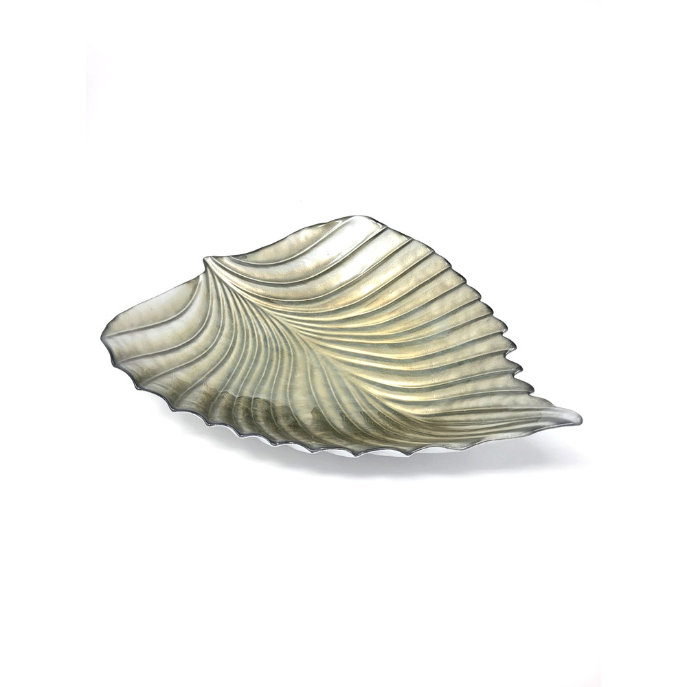 Platinum Gold Painted Glass Leaf Serving Dish Fall Decor Plate Table Centerpiece